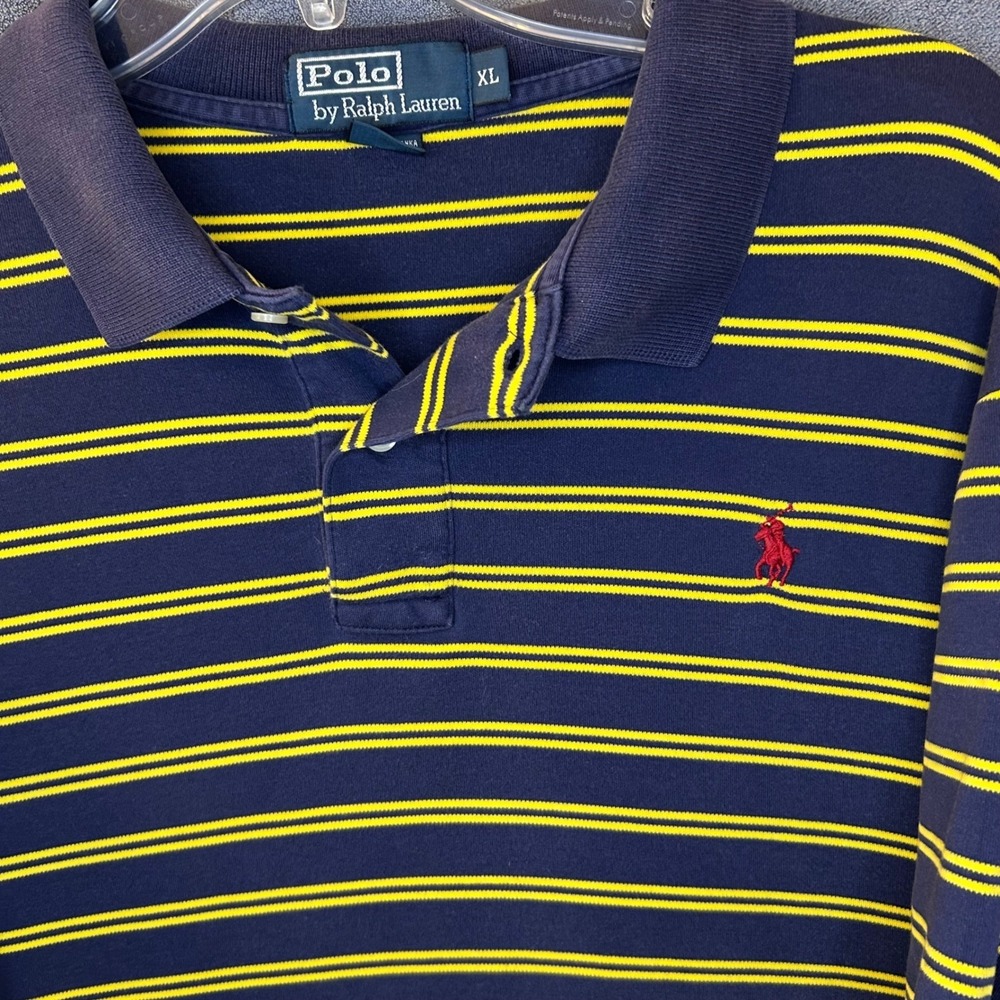 VTG Polo Ralph Lauren Mens XL Polo Shirt Navy Blue Yellow Striped Short Sleeve